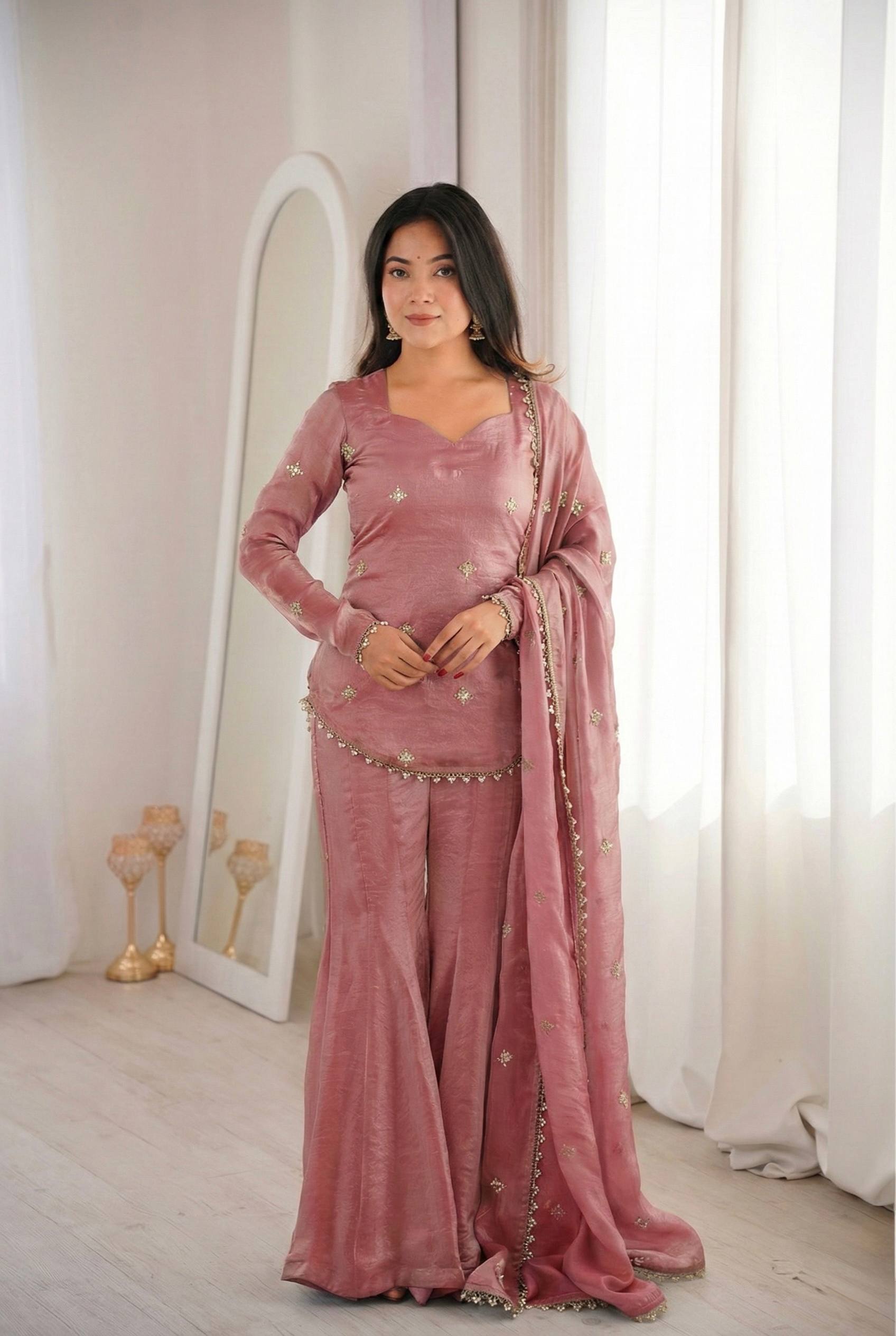 Arti Chauhan Wear Peach Color Fendy Silk Short Top Sharara Set – Vastra ...