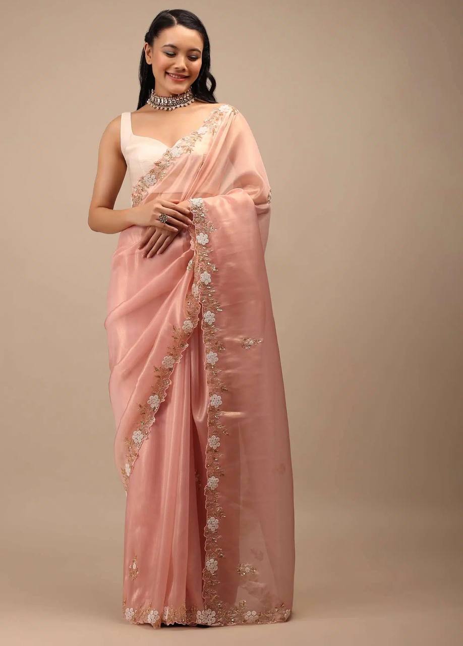 Wedding Wear Peach Color Jimmy Chu Beautiful All Over Hand Work Saree
