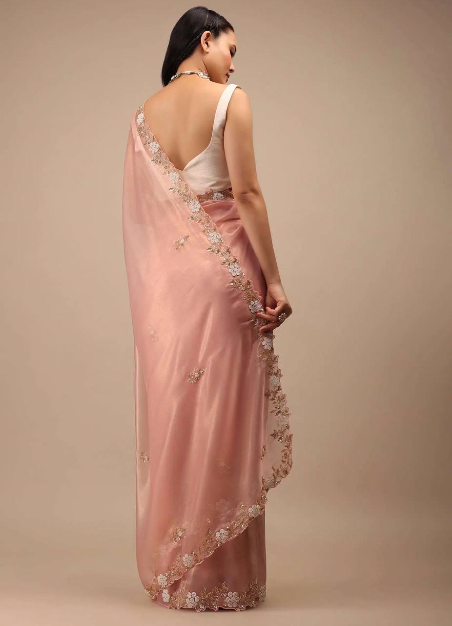 Wedding Wear Peach Color Jimmy Chu Beautiful All Over Hand Work Saree