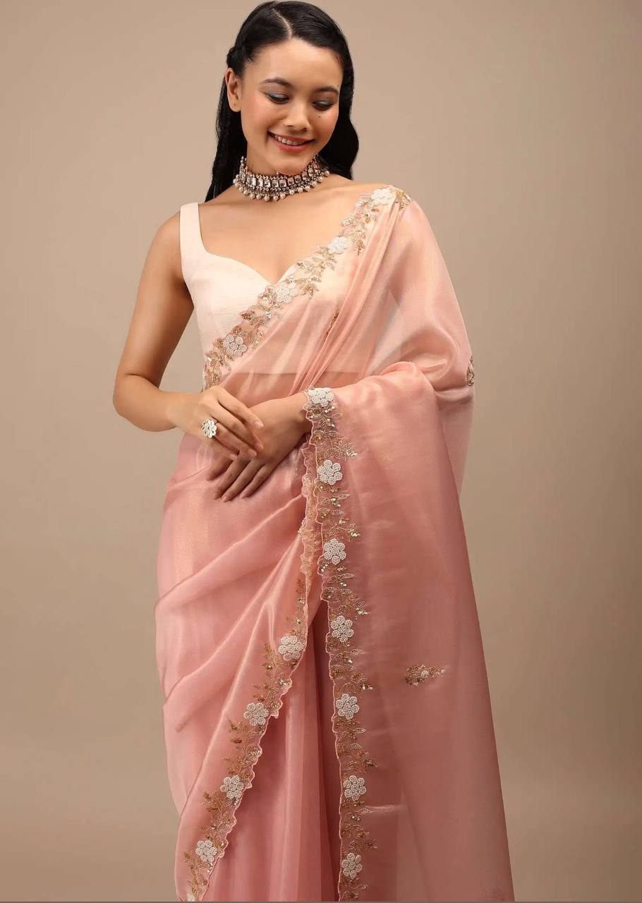Wedding Wear Peach Color Jimmy Chu Beautiful All Over Hand Work Saree