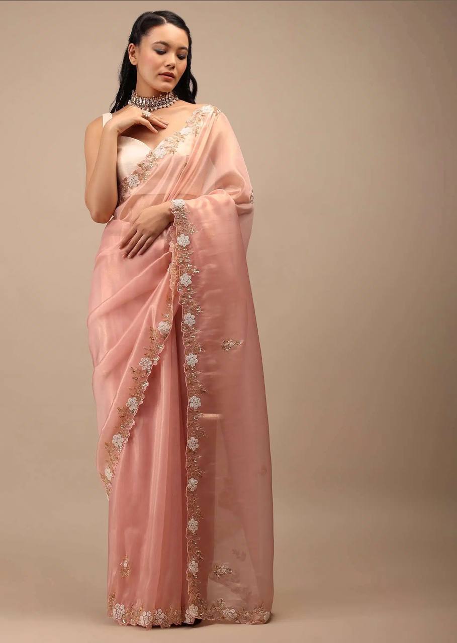 Wedding Wear Peach Color Jimmy Chu Beautiful All Over Hand Work Saree