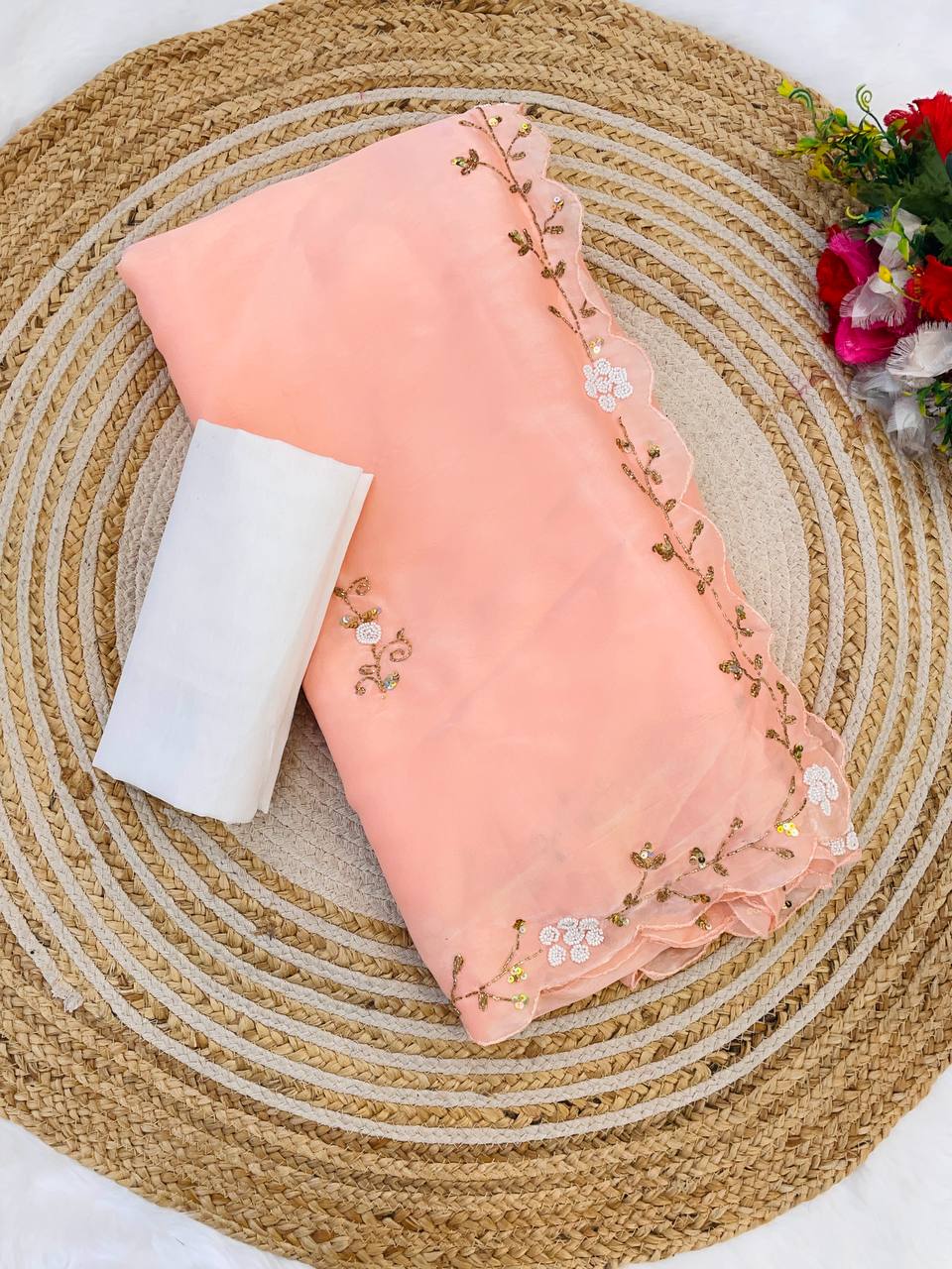 Wedding Wear Peach Color Jimmy Chu Beautiful All Over Hand Work Saree