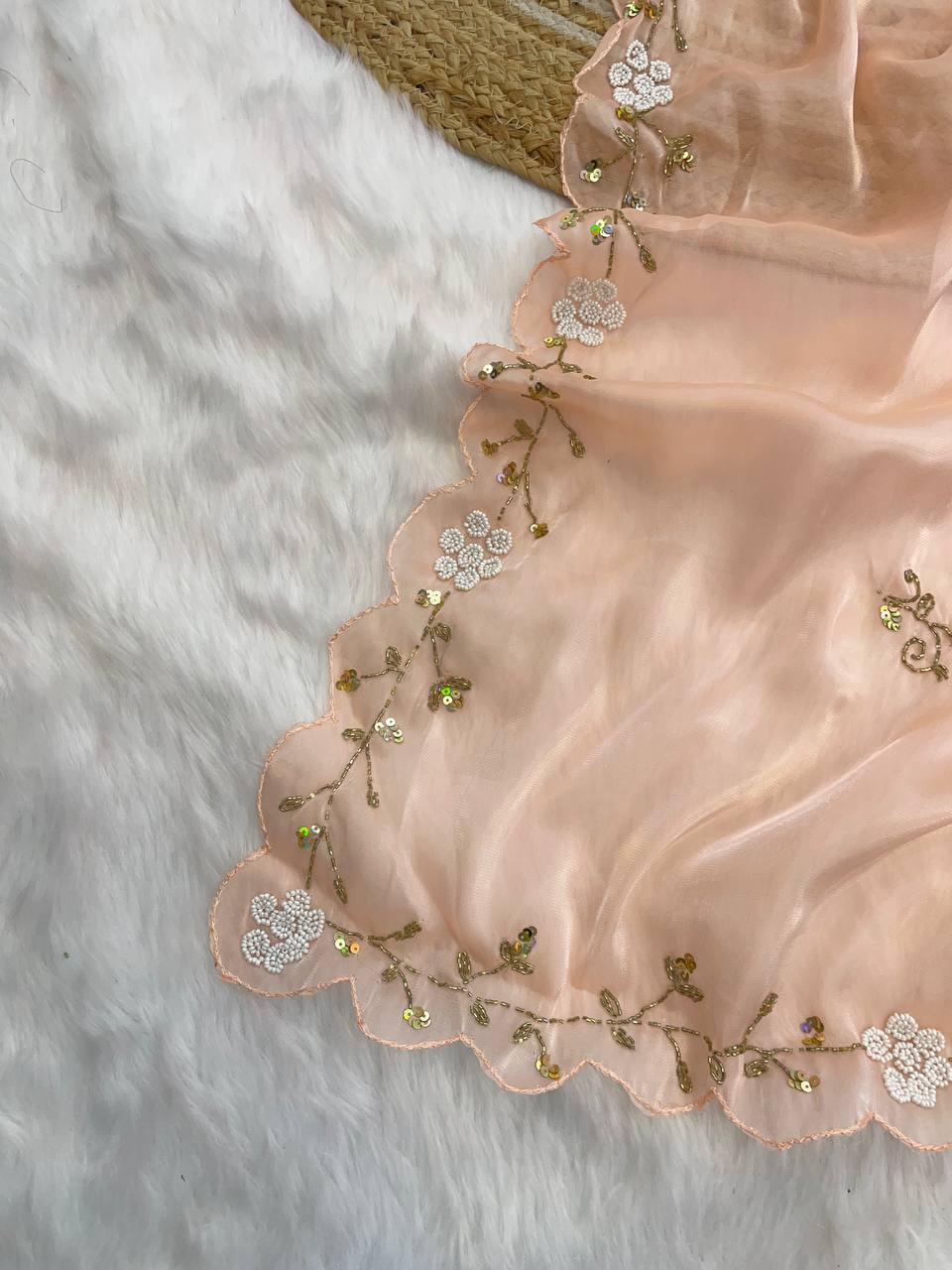 Wedding Wear Peach Color Jimmy Chu Beautiful All Over Hand Work Saree