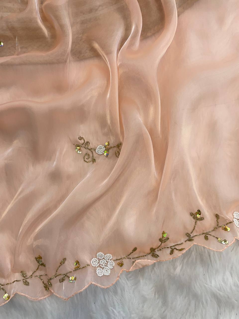 Wedding Wear Peach Color Jimmy Chu Beautiful All Over Hand Work Saree