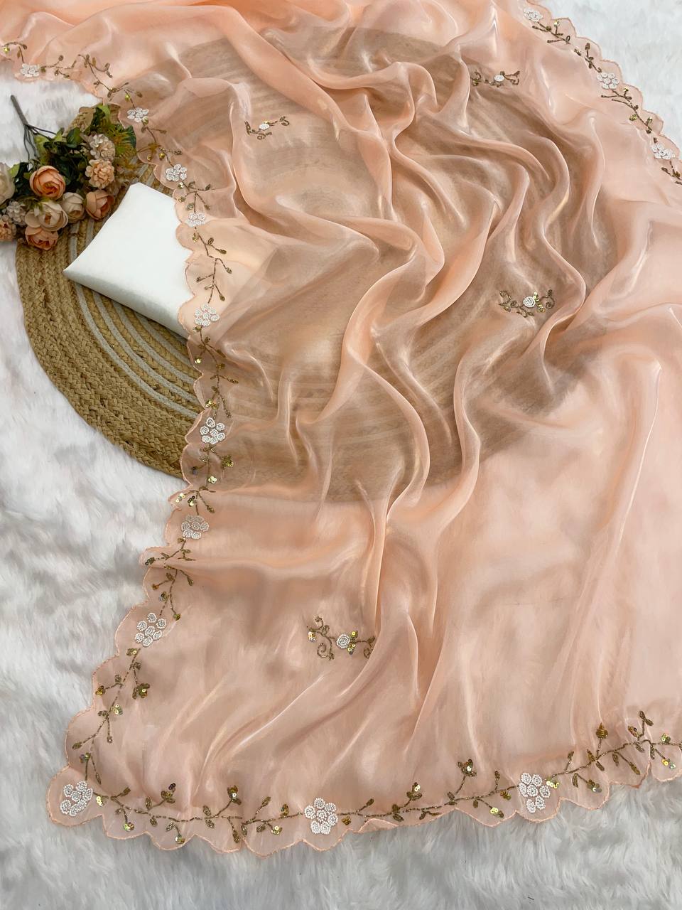 Wedding Wear Peach Color Jimmy Chu Beautiful All Over Hand Work Saree