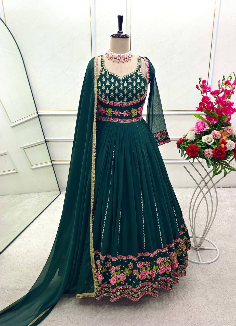 Gorgeous Green Color Embroidered Designer Anarkali Gown