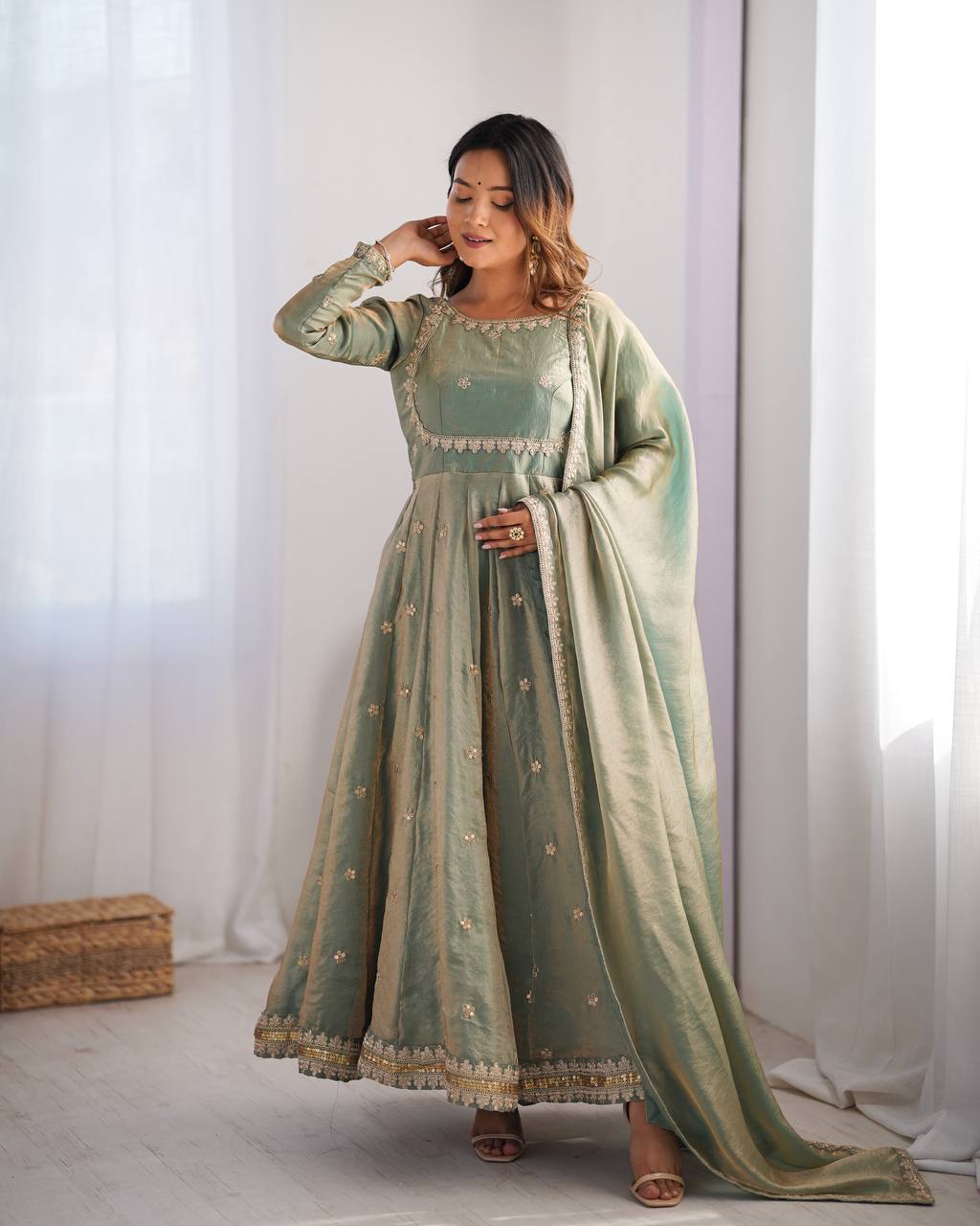 Embellished Dusty Green Color Fandy Silk And Coding With Sequence Work Vastra Shop Embellished Dusty Green Color Fandy Silk And Coding With Sequence Work Vastra Shop