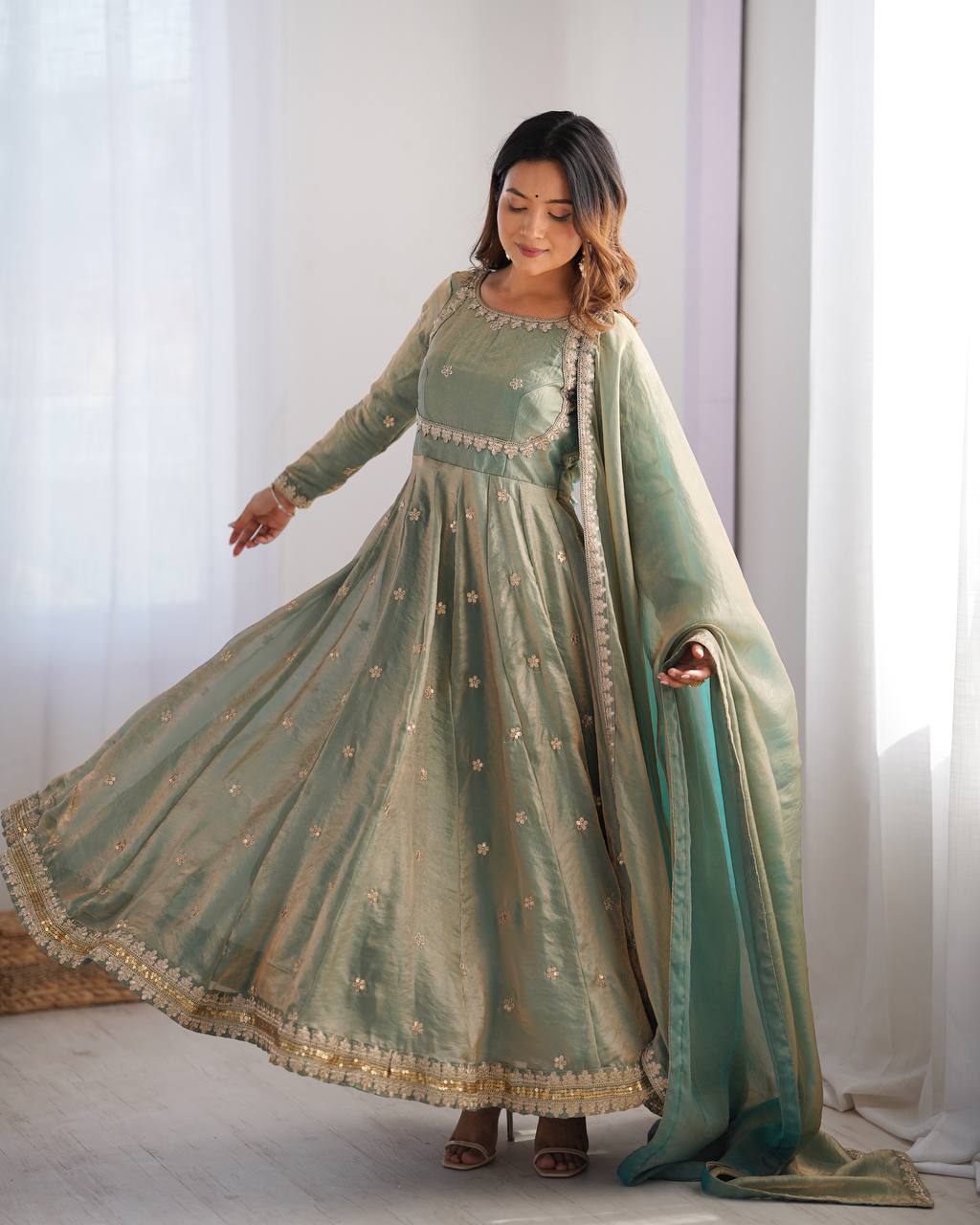 Embellished Dusty Green Color Fandy Silk And Coding With Sequence Work Designer Gown