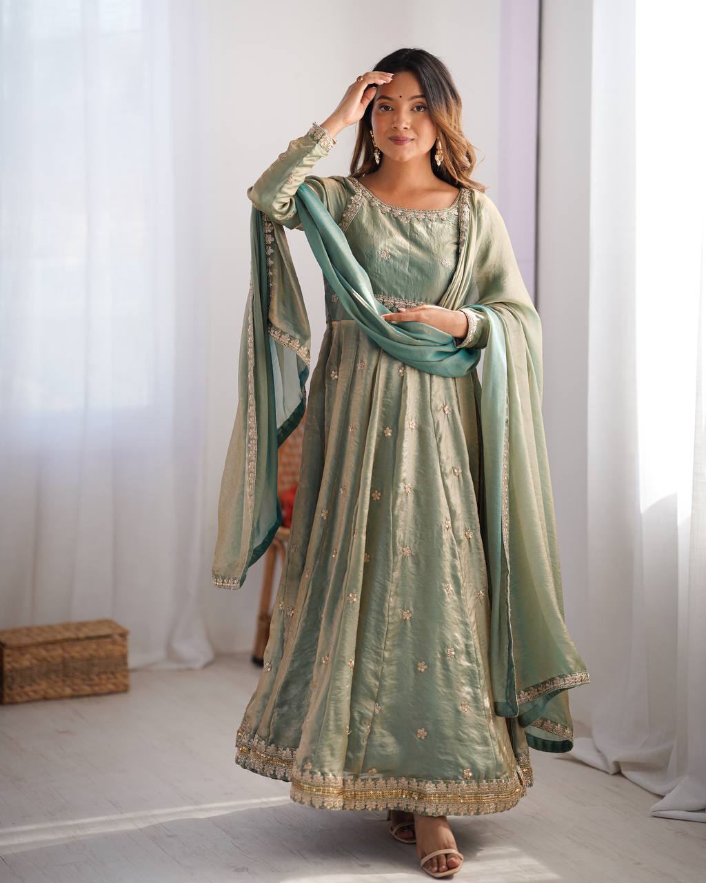 Embellished Dusty Green Color Fandy Silk And Coding With Sequence Work Designer Gown