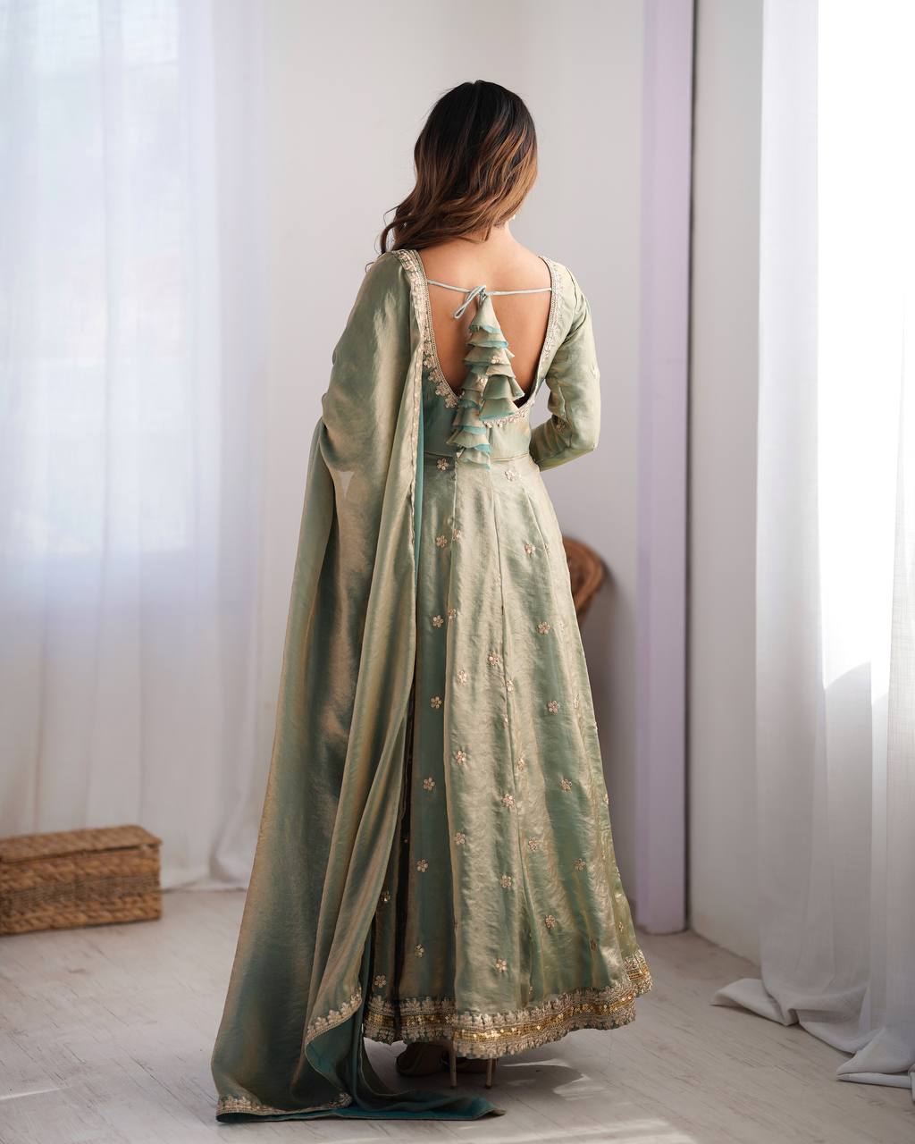Embellished Dusty Green Color Fandy Silk And Coding With Sequence Work Designer Gown