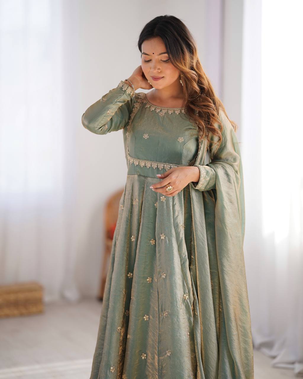 Embellished Dusty Green Color Fandy Silk And Coding With Sequence Work Designer Gown