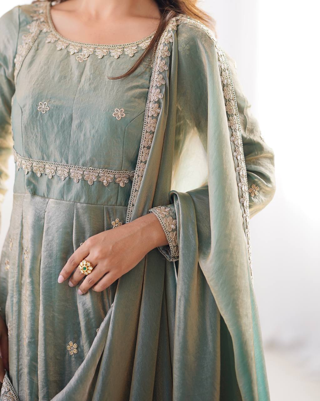 Embellished Dusty Green Color Fandy Silk And Coding With Sequence Work Designer Gown