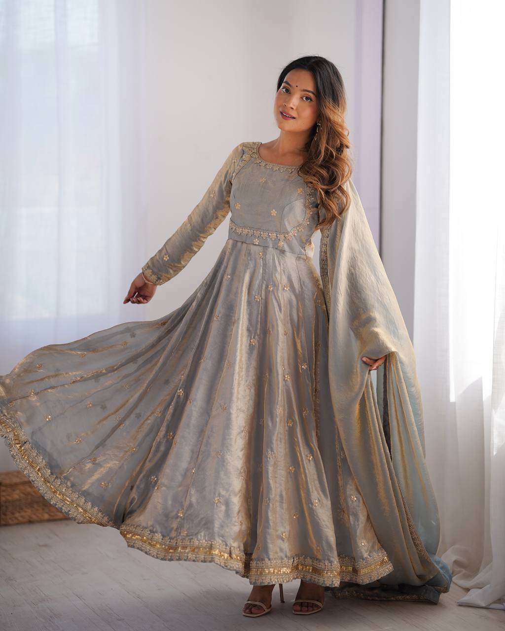 Stylish Dusty Grey Color Fandy Silk And Coding With Sequence Work Designer Gown