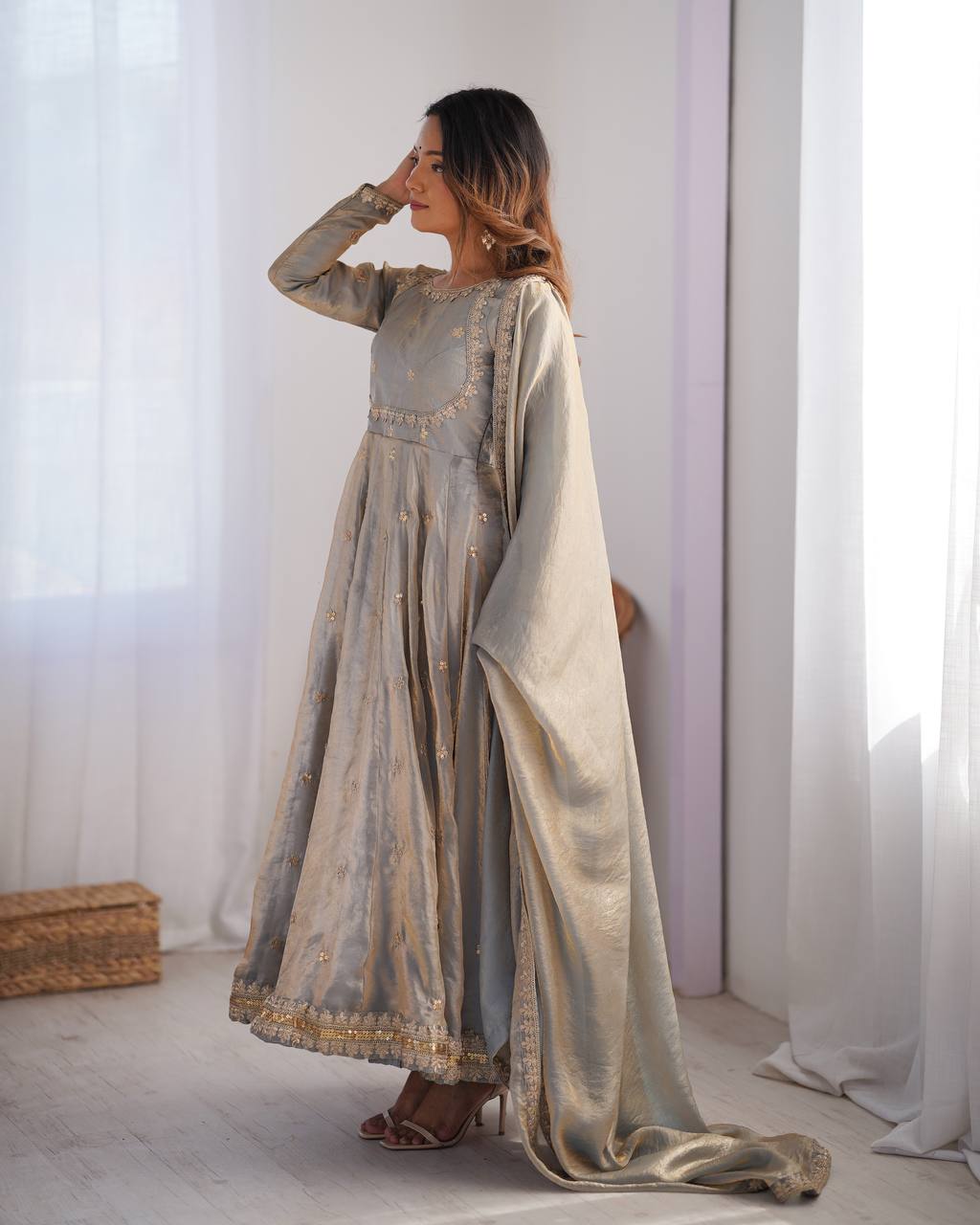 Stylish Dusty Grey Color Fandy Silk And Coding With Sequence Work Designer Gown