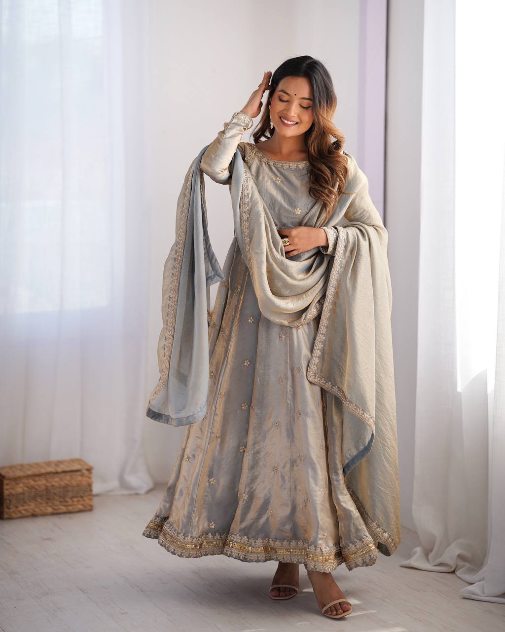 Stylish Dusty Grey Color Fandy Silk And Coding With Sequence Work Designer Gown