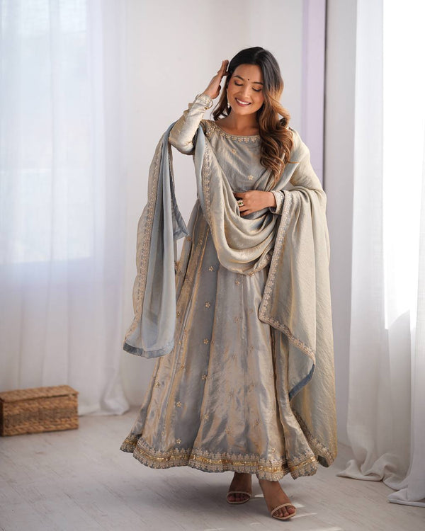 Stylish Dusty Grey Color Fandy Silk And Coding With Sequence Work Designer Gown