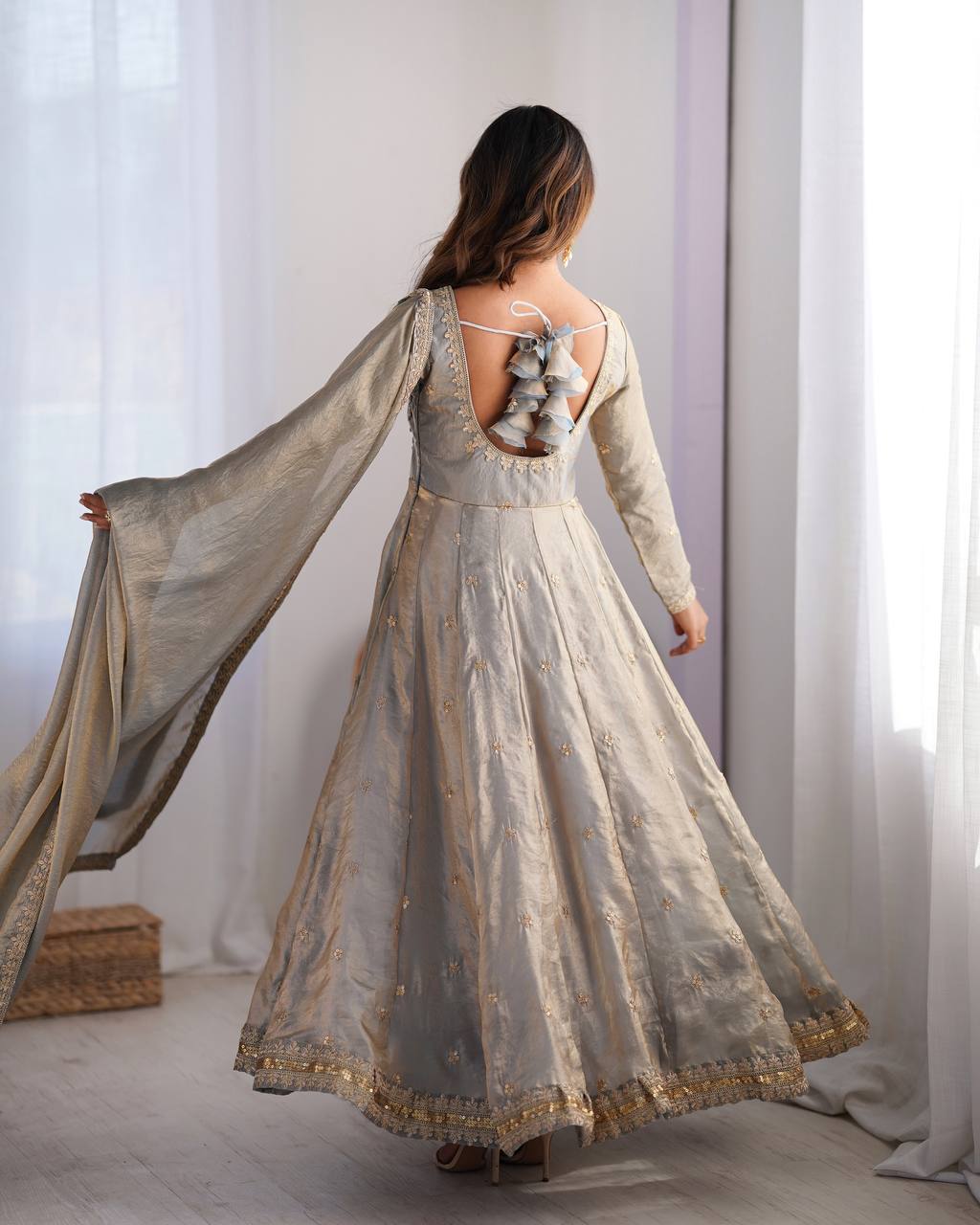 Stylish Dusty Grey Color Fandy Silk And Coding With Sequence Work Designer Gown