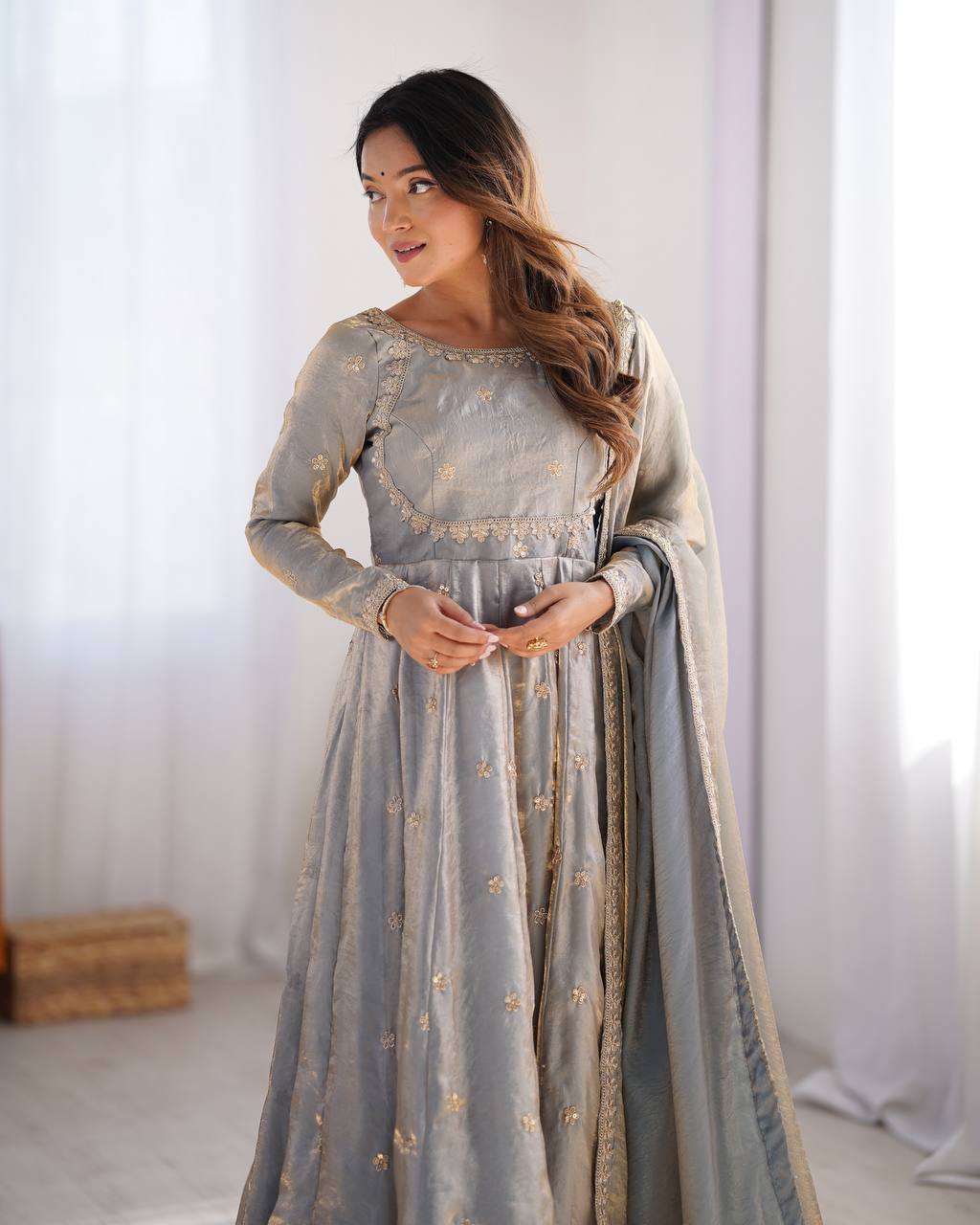 Stylish Dusty Grey Color Fandy Silk And Coding With Sequence Work Designer Gown