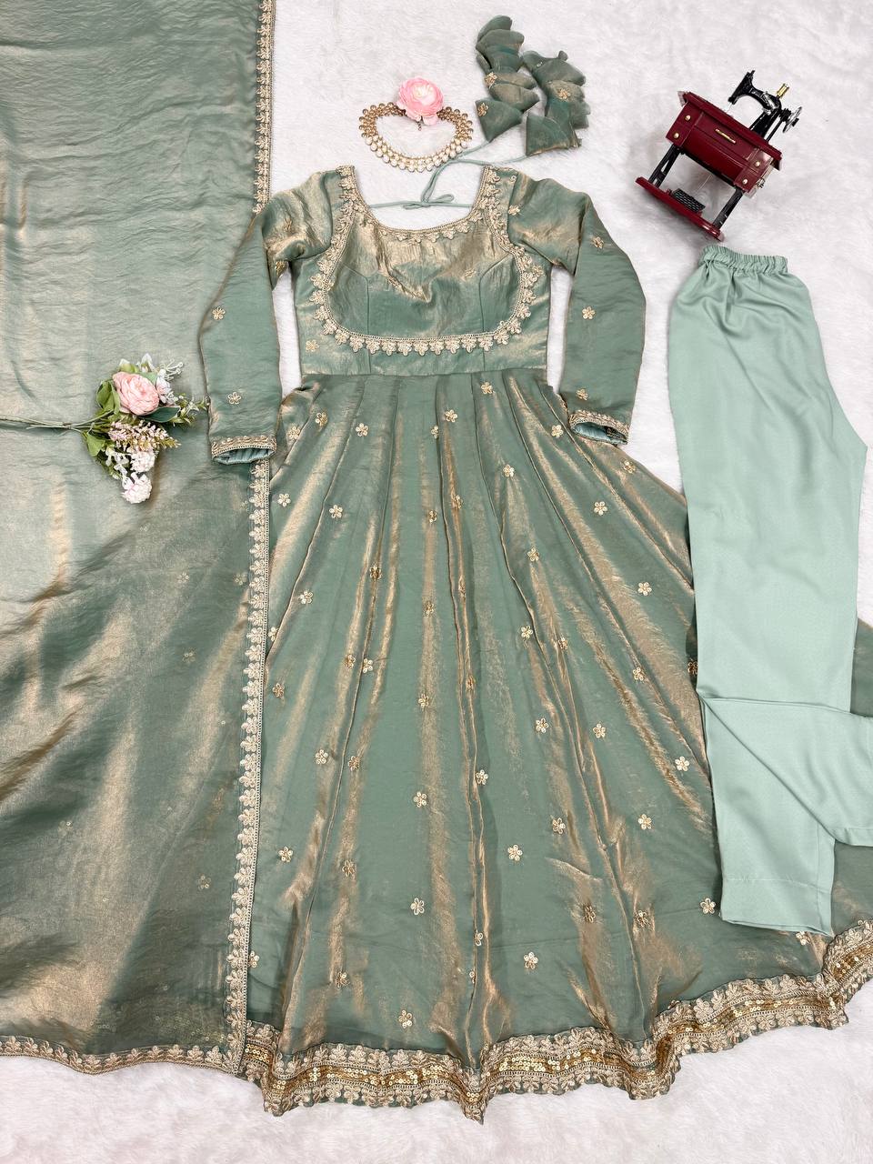 Embellished Dusty Green Color Fandy Silk And Coding With Sequence Work Designer Gown