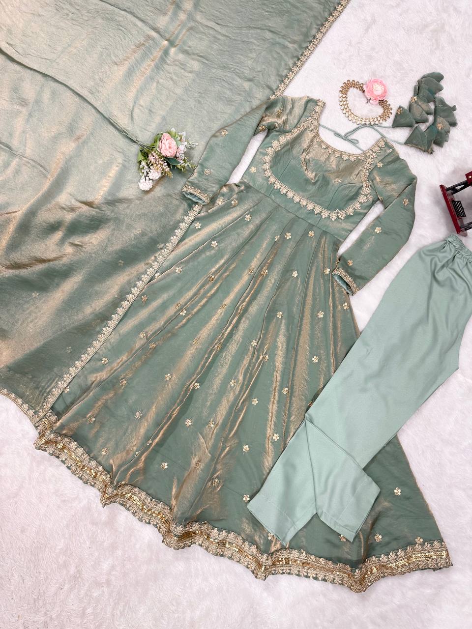 Embellished Dusty Green Color Fandy Silk And Coding With Sequence Work Designer Gown