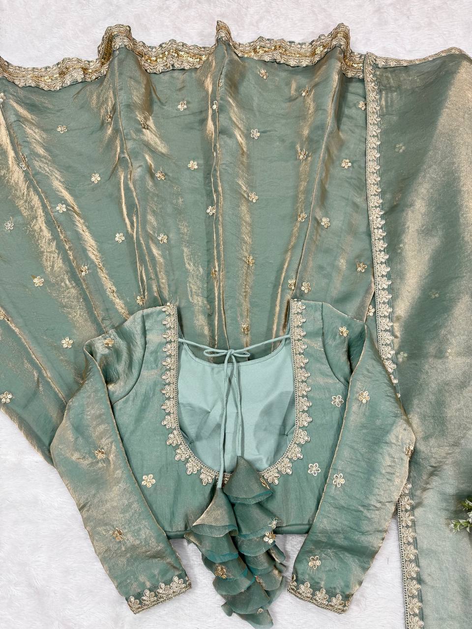 Embellished Dusty Green Color Fandy Silk And Coding With Sequence Work Designer Gown