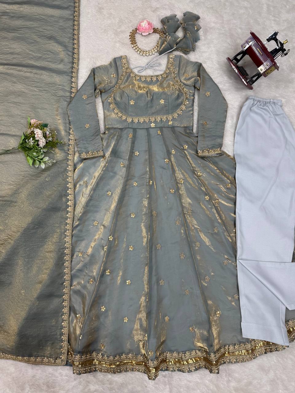 Stylish Dusty Grey Color Fandy Silk And Coding With Sequence Work Designer Gown