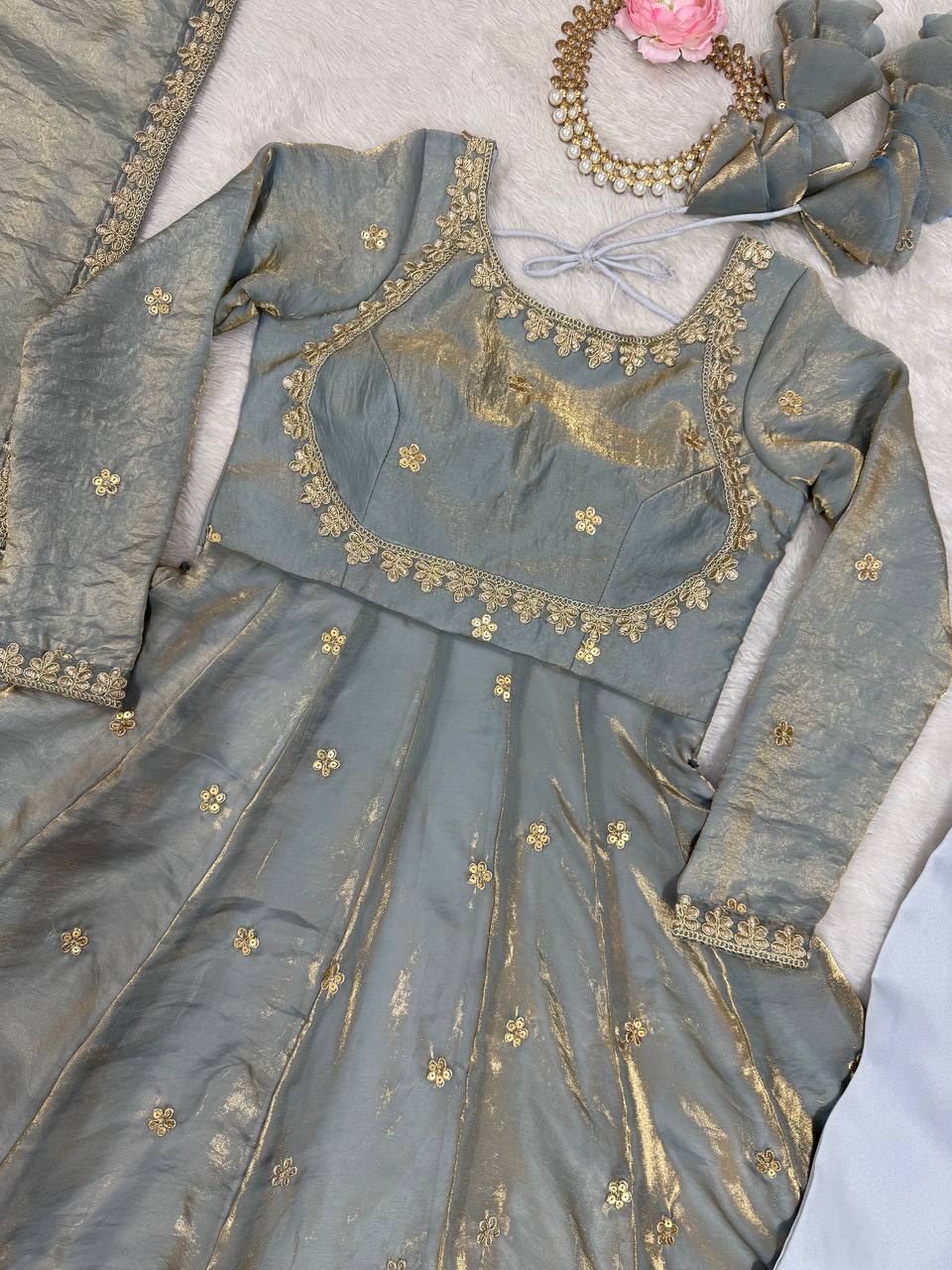 Stylish Dusty Grey Color Fandy Silk And Coding With Sequence Work Designer Gown