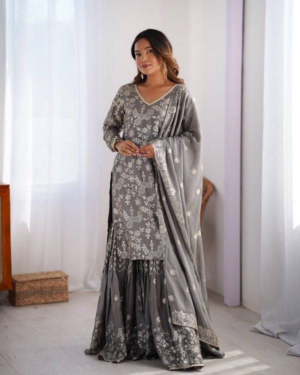 Party Wear Grey Color Chinon Silk And Thread With Sequence Work Pakistani Sharara Suit
