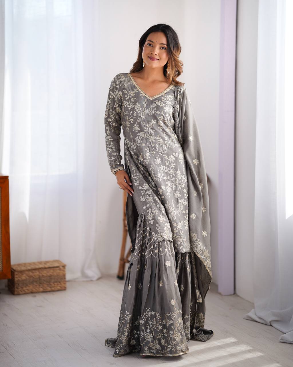 Party Wear Grey Color Chinon Silk And Thread With Sequence Work Pakistani Sharara Suit