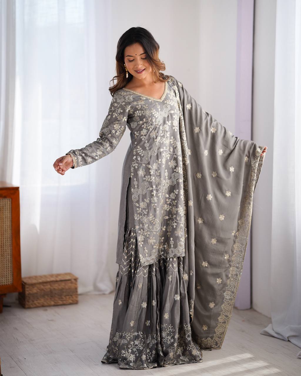 Party Wear Grey Color Chinon Silk And Thread With Sequence Work Pakistani Sharara Suit