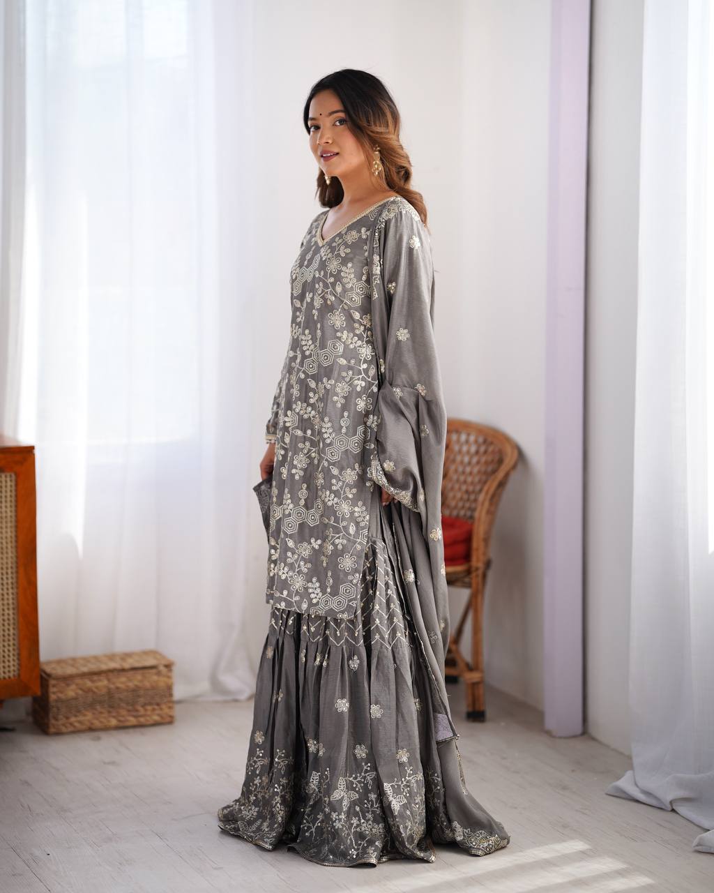 Party Wear Grey Color Chinon Silk And Thread With Sequence Work Pakistani Sharara Suit