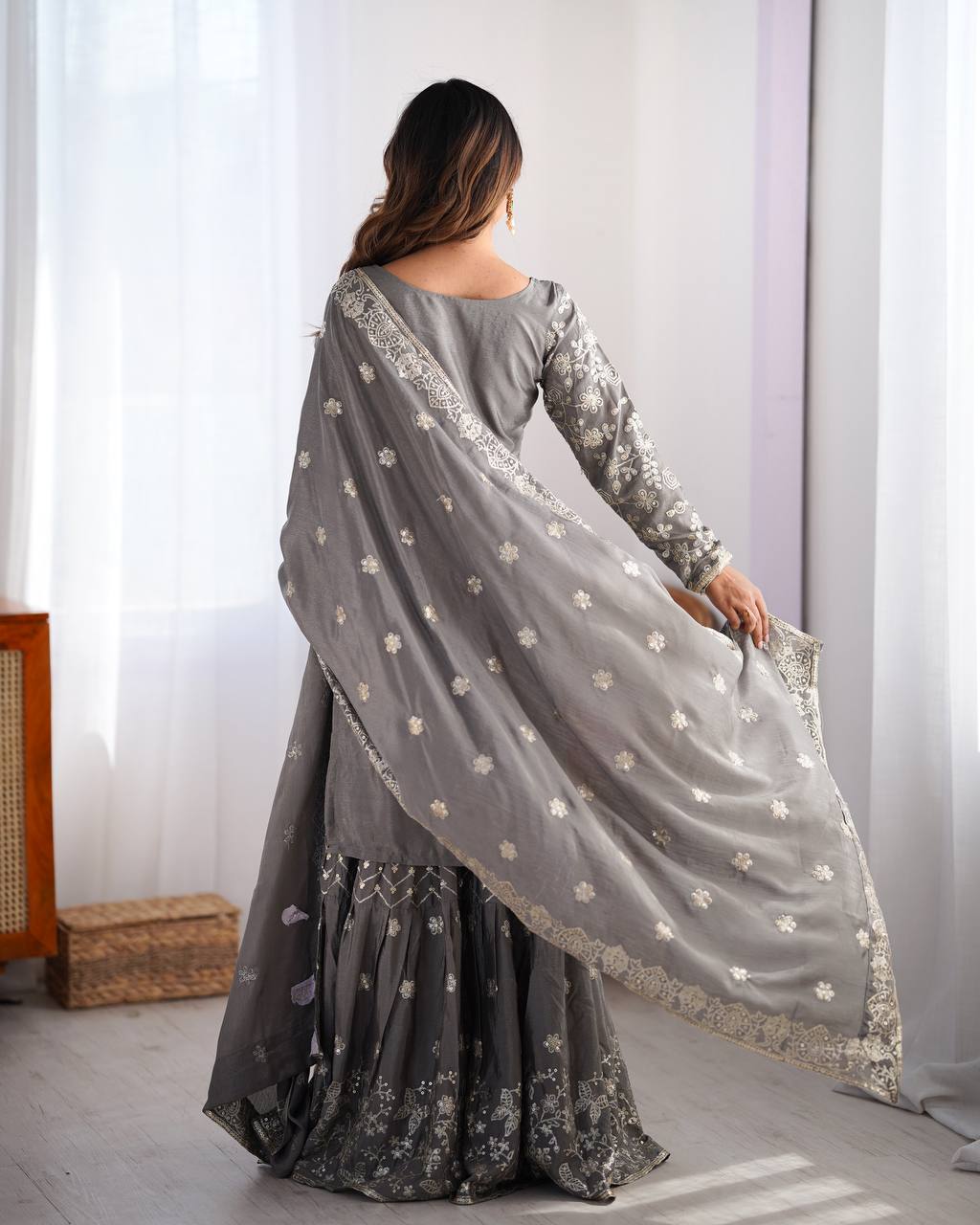 Party Wear Grey Color Chinon Silk And Thread With Sequence Work Pakistani Sharara Suit