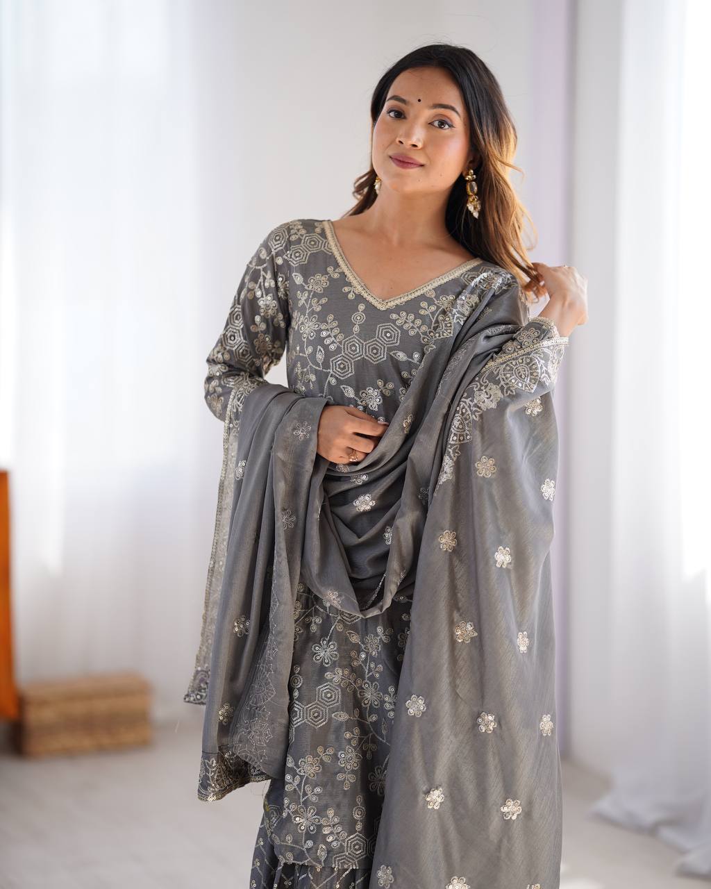 Party Wear Grey Color Chinon Silk And Thread With Sequence Work Pakistani Sharara Suit