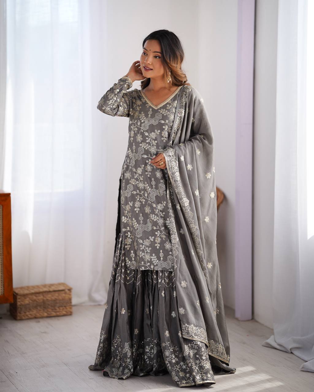 Party Wear Grey Color Chinon Silk And Thread With Sequence Work Pakistani Sharara Suit