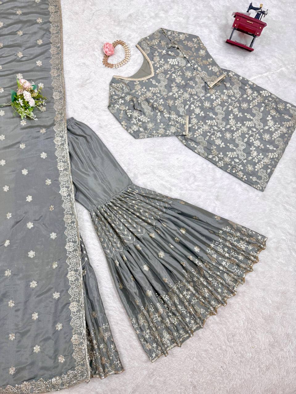 Party Wear Grey Color Chinon Silk And Thread With Sequence Work Pakistani Sharara Suit
