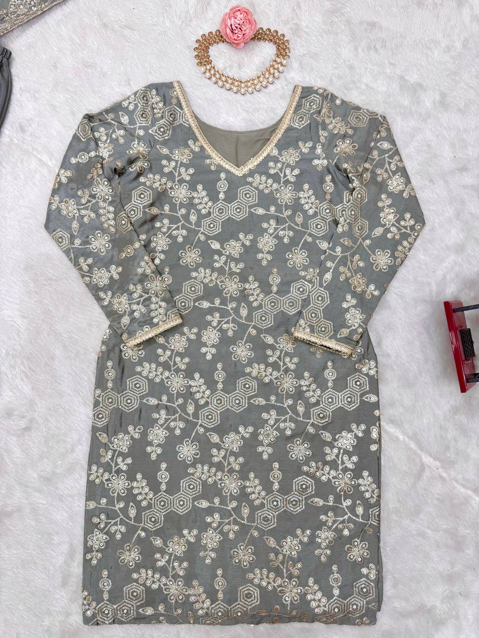 Party Wear Grey Color Chinon Silk And Thread With Sequence Work Pakistani Sharara Suit