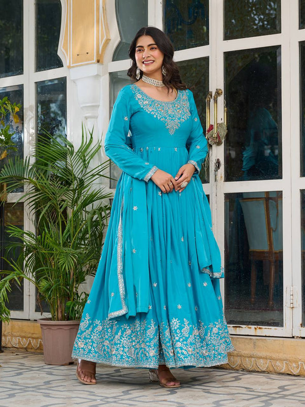 Party Wear Sky Color American Silk And Thread With Sequence Work Designer Gown