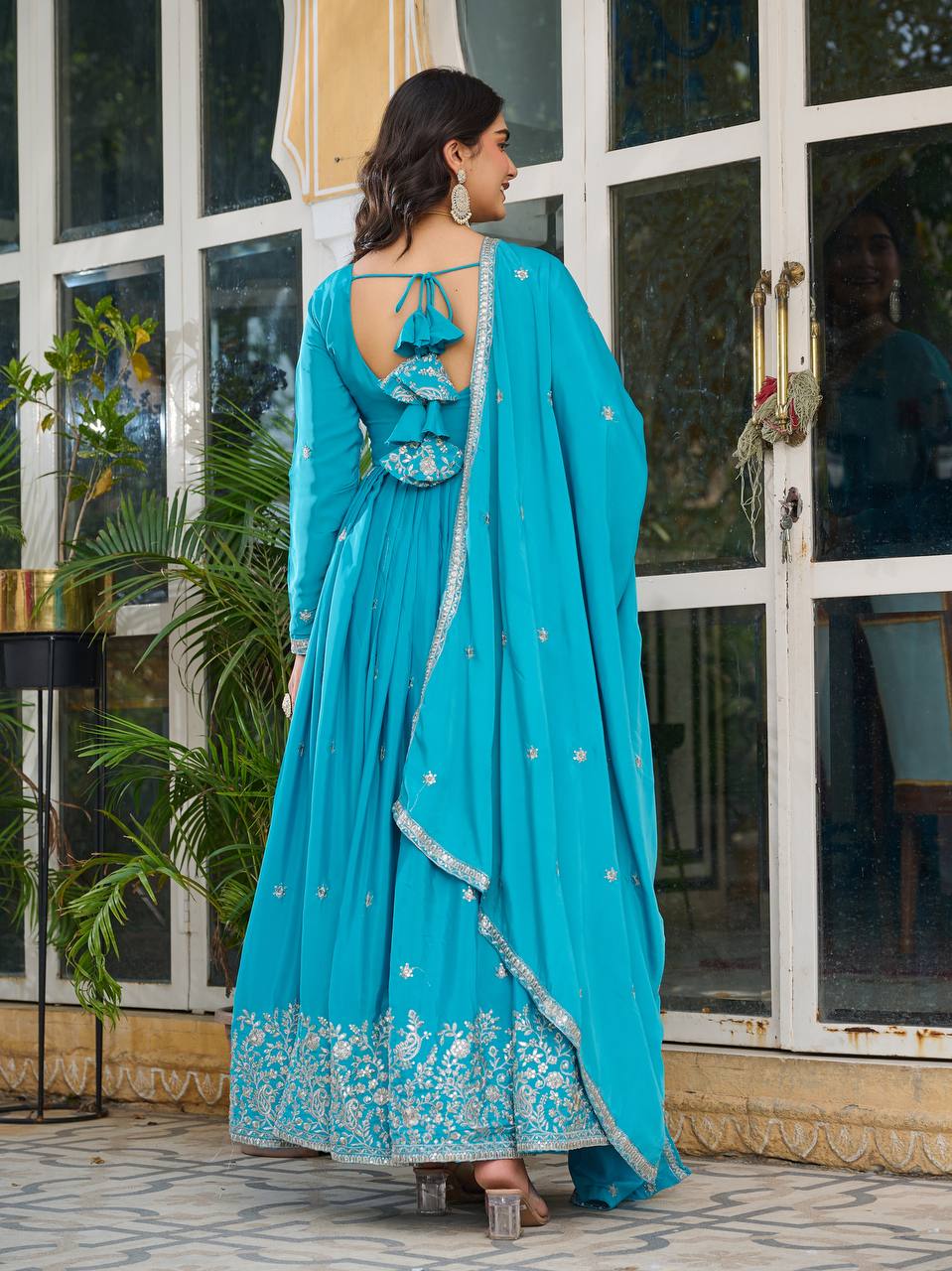Party Wear Sky Color American Silk And Thread With Sequence Work Designer Gown