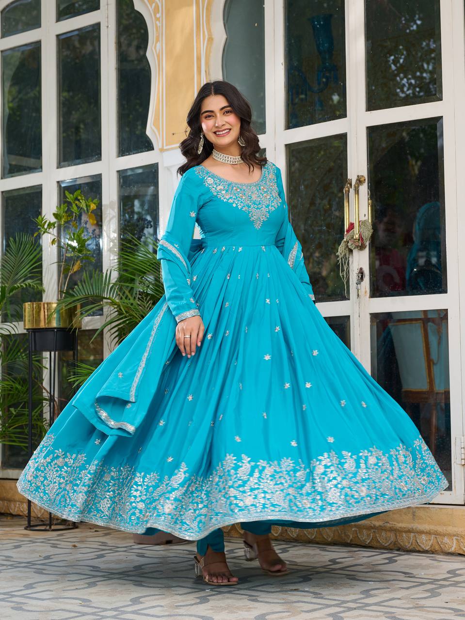 Party Wear Sky Color American Silk And Thread With Sequence Work Designer Gown