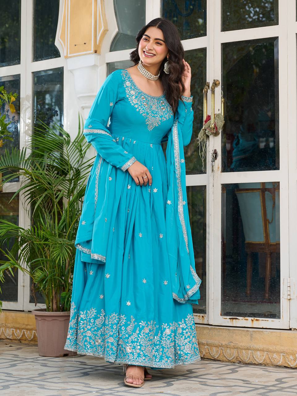 Party Wear Sky Color American Silk And Thread With Sequence Work Designer Gown