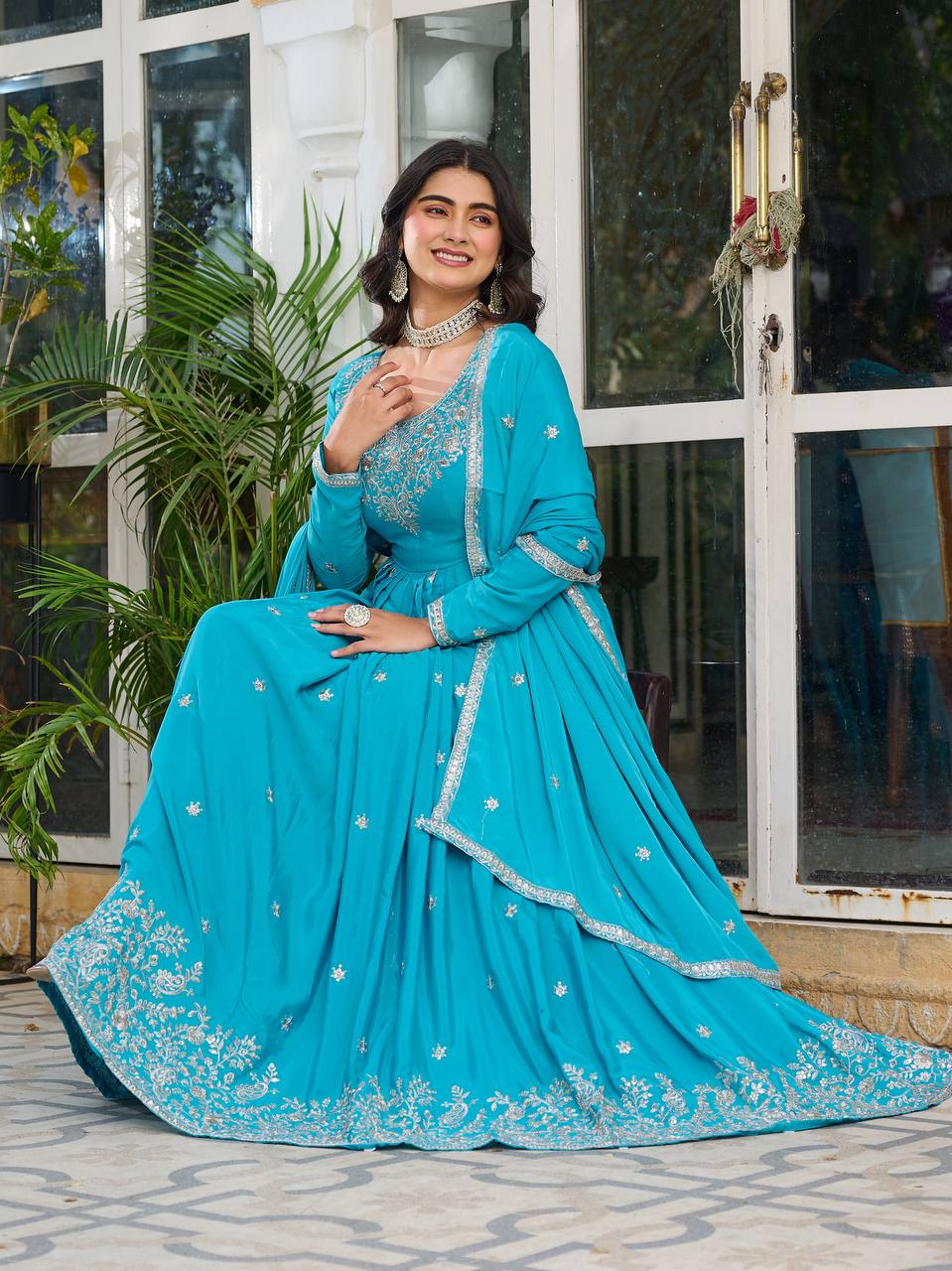 Party Wear Sky Color American Silk And Thread With Sequence Work Designer Gown