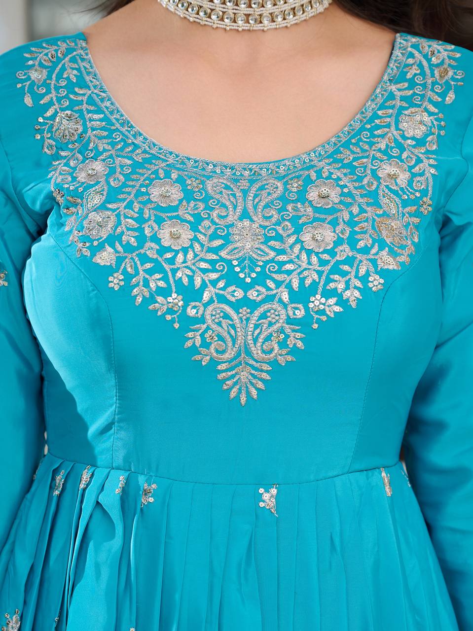 Party Wear Sky Color American Silk And Thread With Sequence Work Designer Gown