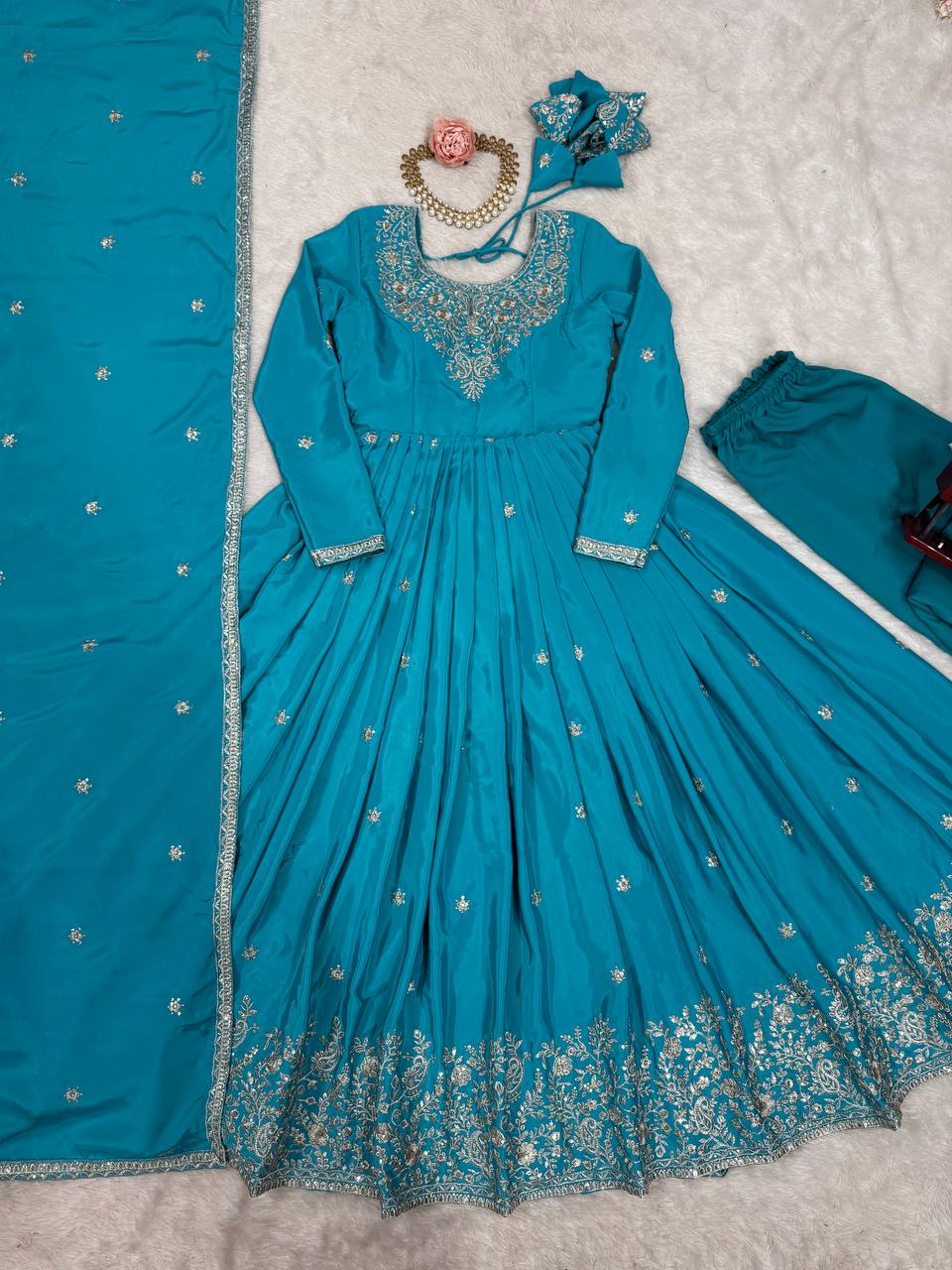 Party Wear Sky Color American Silk And Thread With Sequence Work Designer Gown