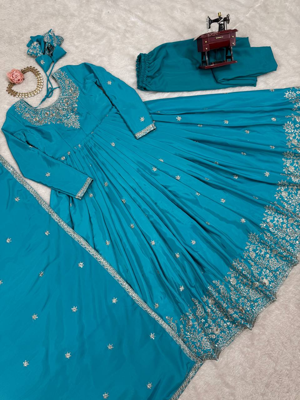 Party Wear Sky Color American Silk And Thread With Sequence Work Designer Gown