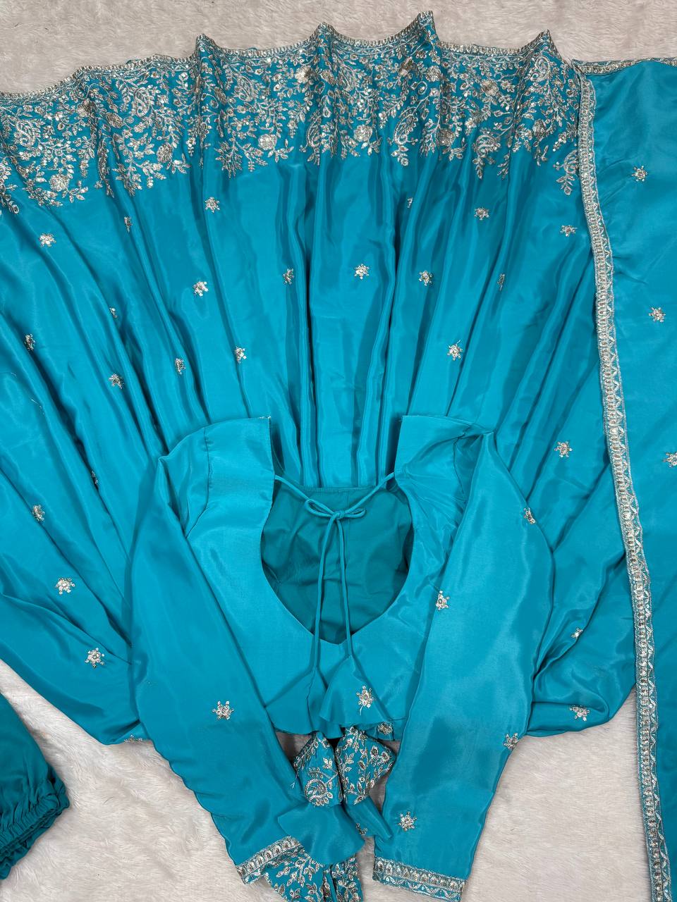 Party Wear Sky Color American Silk And Thread With Sequence Work Designer Gown