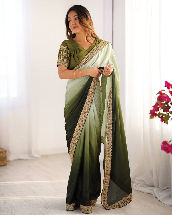 Wedding Wear Green Color Chinon Silk And Thread With Sequence Lace Work Saree