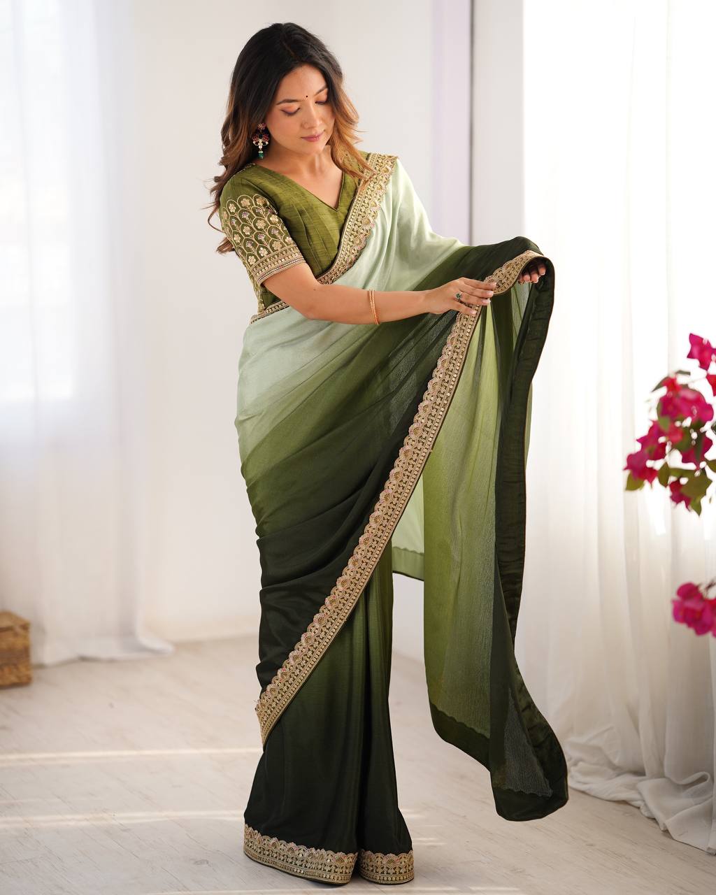 Wedding Wear Green Color Chinon Silk And Thread With Sequence Lace Work Saree