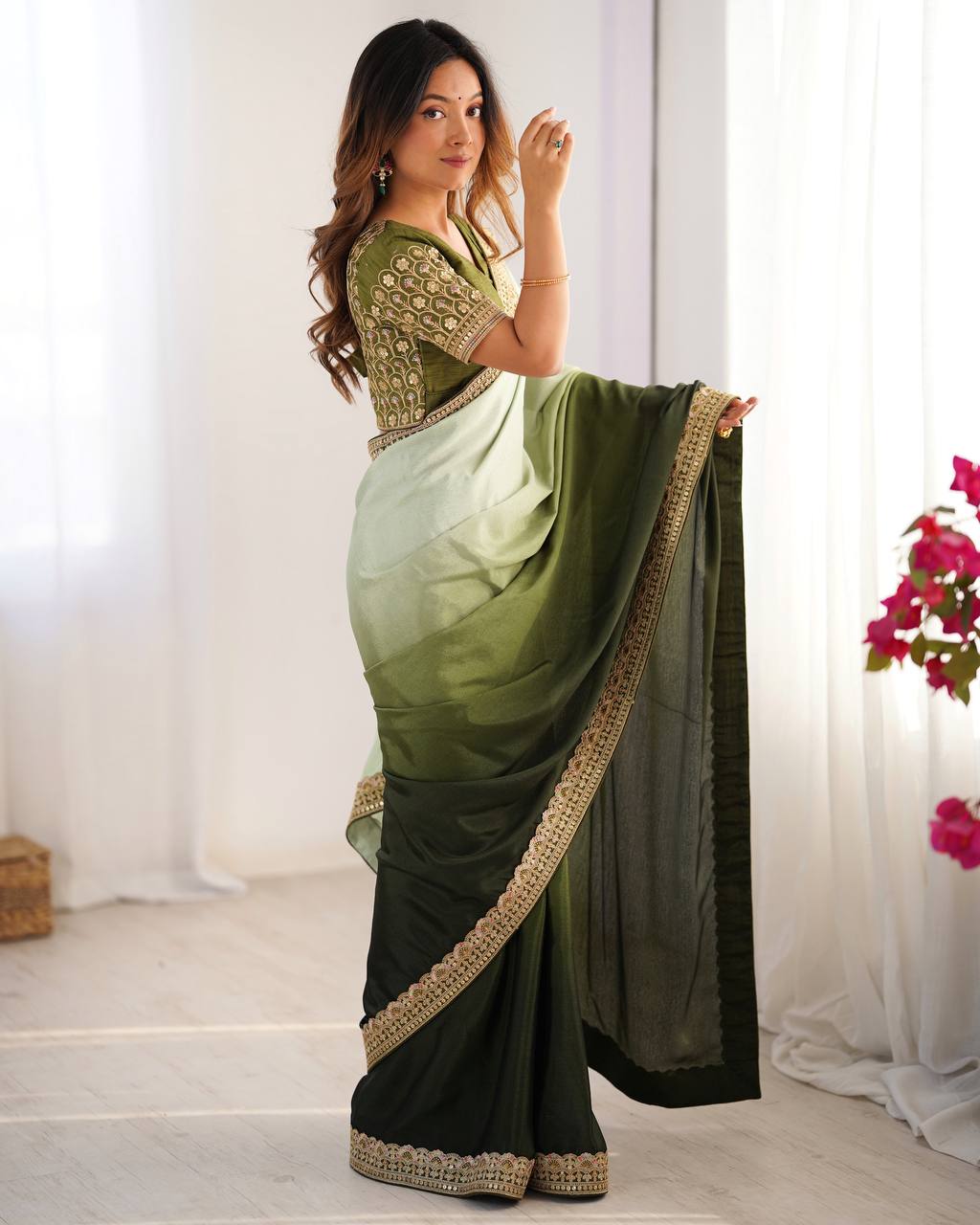 Wedding Wear Green Color Chinon Silk And Thread With Sequence Lace Work Saree