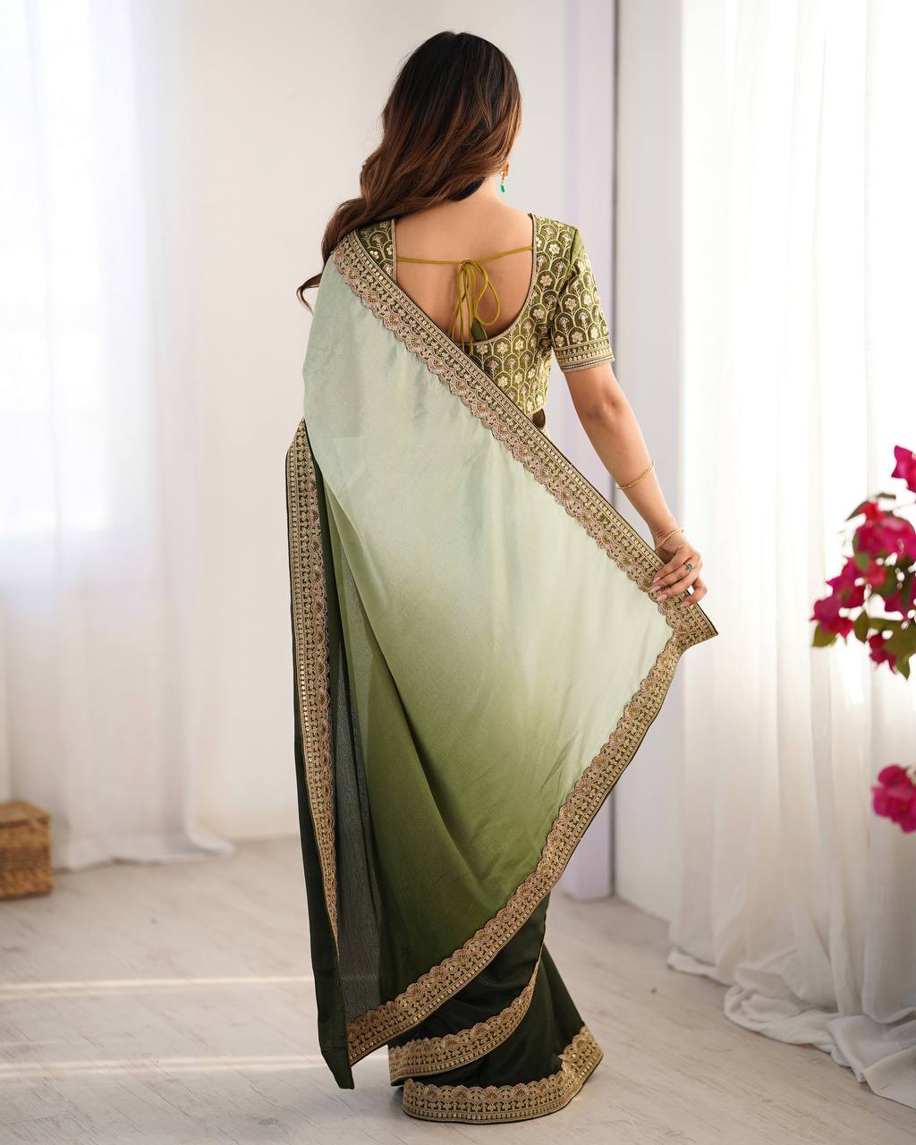 Wedding Wear Green Color Chinon Silk And Thread With Sequence Lace Work Saree