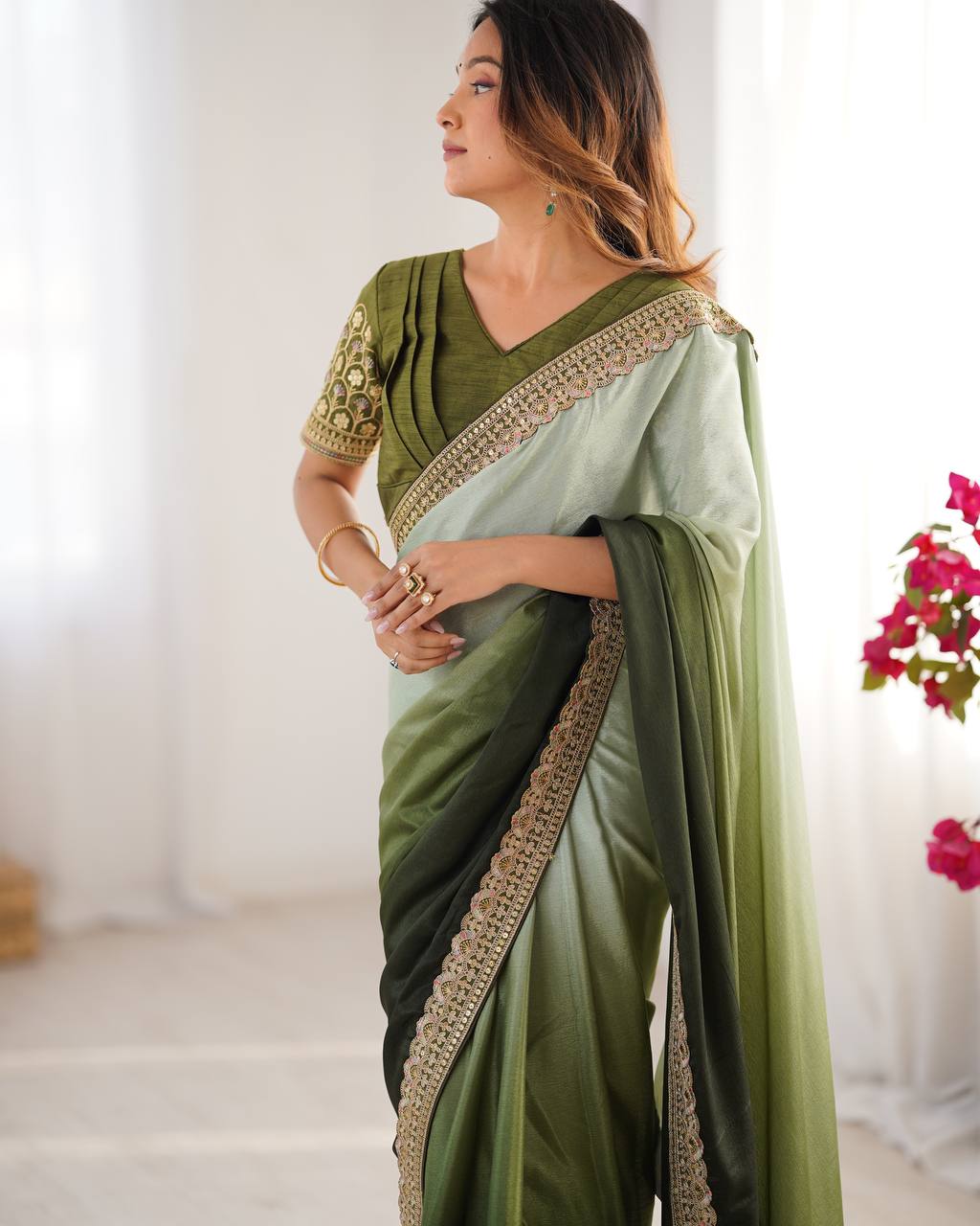 Wedding Wear Green Color Chinon Silk And Thread With Sequence Lace Work Saree